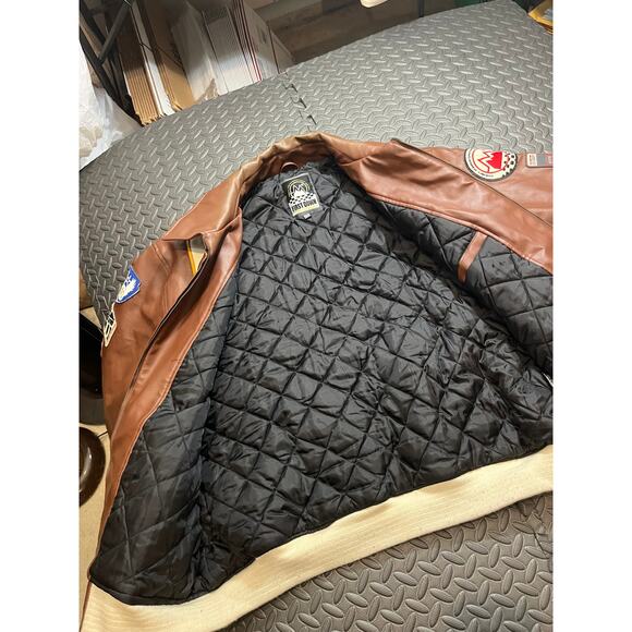 First Down Mens Vintage Racing Gear Bomber Jacket Flight Brown Patches Size XXL - Picture 7 of 14